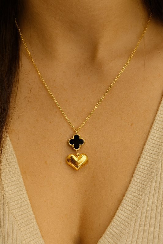 Gold Heart & Black Clover Pendant Necklace